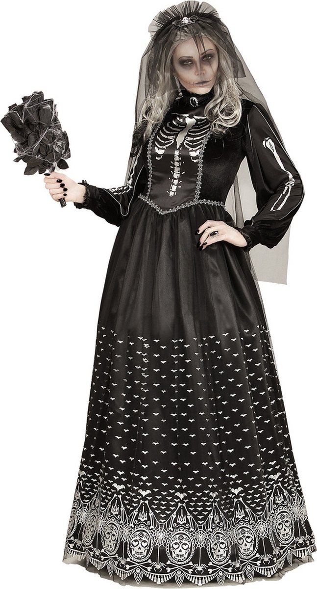 Widmann - Spook & Skelet Kostuum - Skelet Bruid Caroletta - Vrouw - zwart - Medium - Carnavalskleding - Verkleedkleding