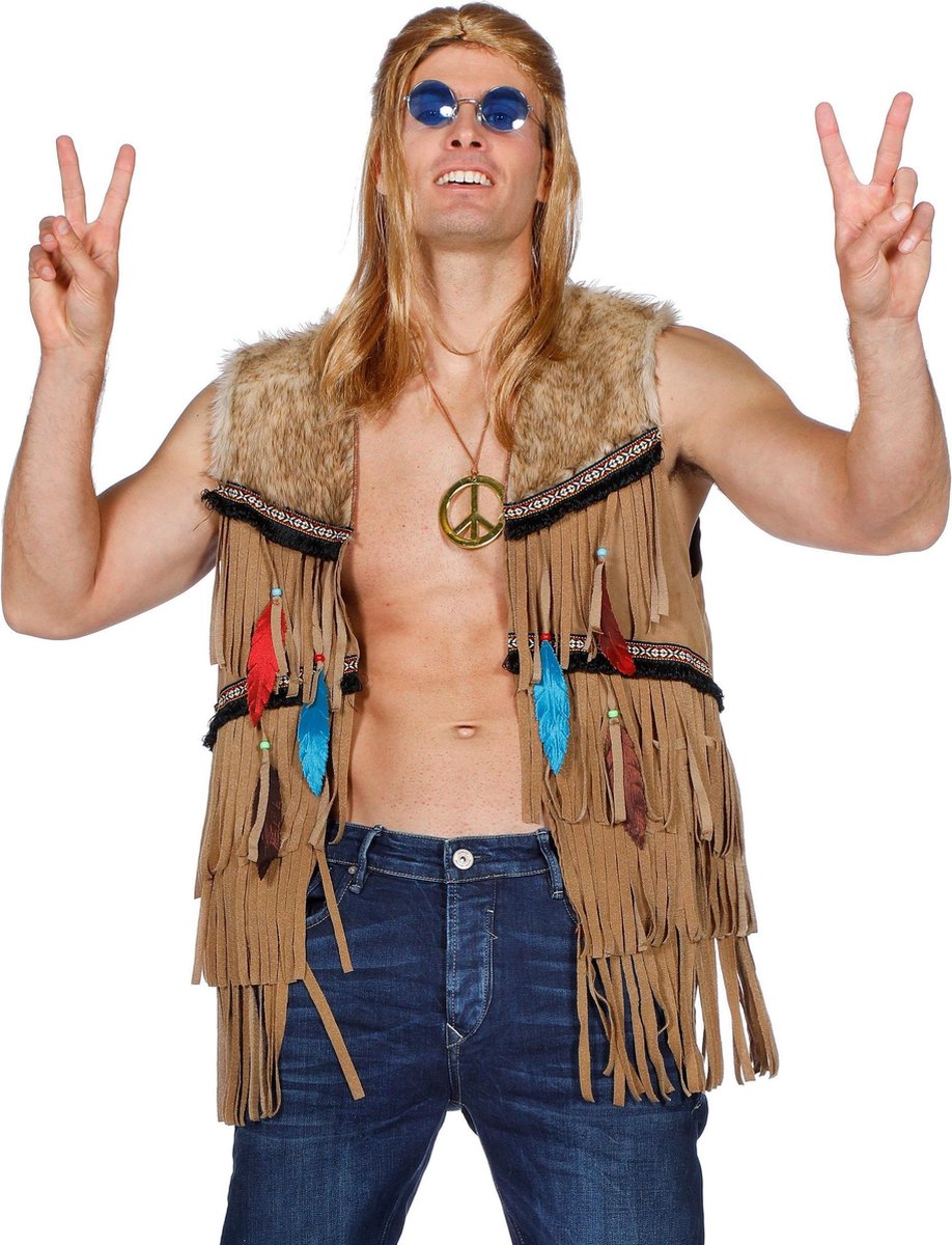 Wilbers - Coachella Festival Kleding - Bruin Vest Indiaan Hippie Joehoe Man - bruin - Maat 48 - Carnavalskleding - Verkleedkleding