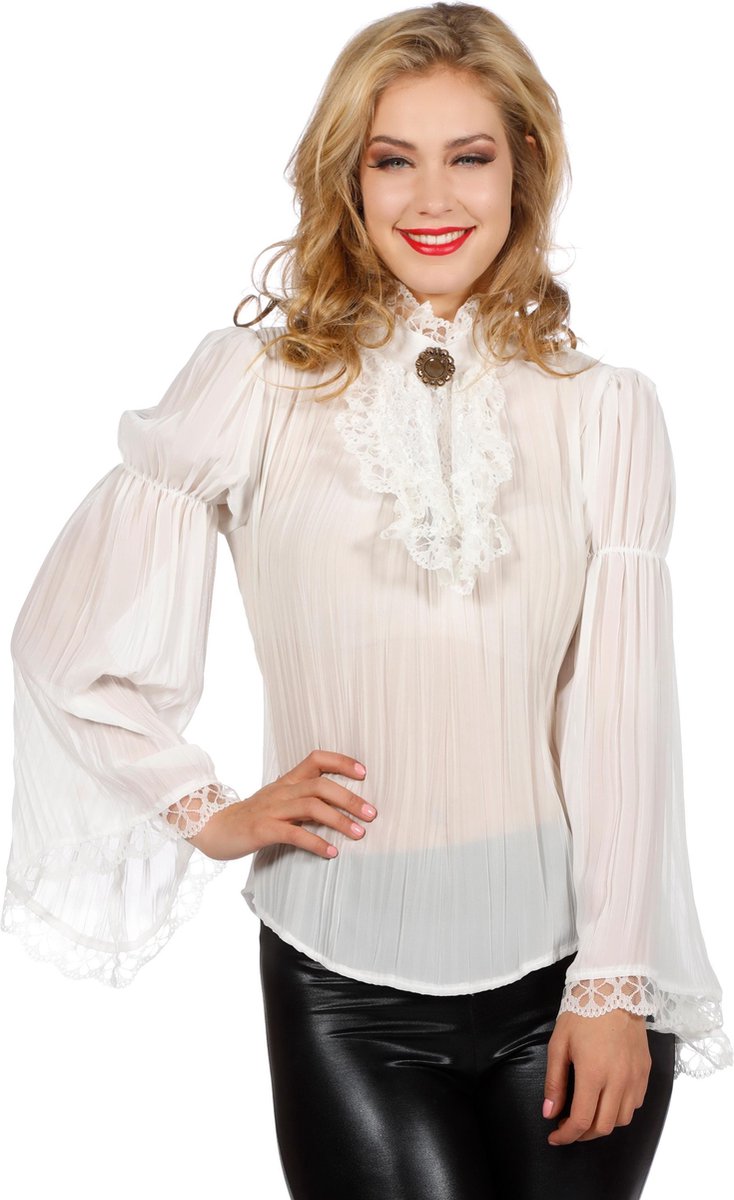 Wilbers - Gotisch Kostuum - Piraten / Gothic Blouse Wit Wijde Mouw Vrouw - wit / beige - Maat 48 - Halloween - Verkleedkleding