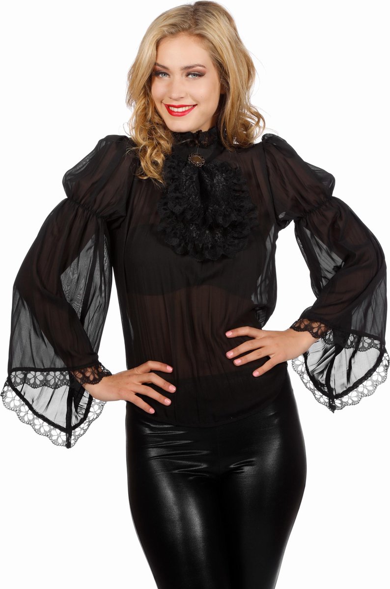 Wilbers - Gotisch Kostuum - Piraten / Gothic Blouse Zwart Wijde Mouw Vrouw - zwart - Maat 42 - Halloween - Verkleedkleding