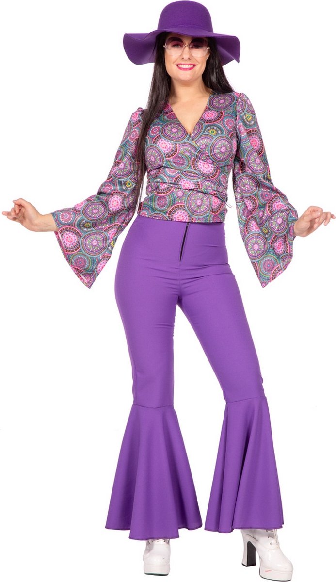 Wilbers - Hippie Kostuum - Flower Powerhouse Blouse Louise Vrouw - paars - Maat 38 - Carnavalskleding - Verkleedkleding