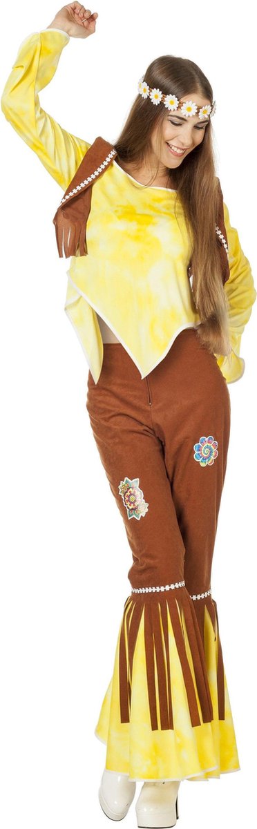 Wilbers - Hippie Kostuum - Gele Hippy Flower Power Ms Brown - Vrouw - geel,bruin - Maat 44 - Carnavalskleding - Verkleedkleding