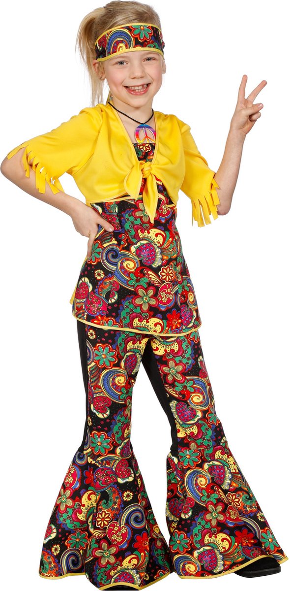 Wilbers - Hippie Kostuum - Happy Hippie - Meisje - geel,multicolor - Maat 116 - Carnavalskleding - Verkleedkleding