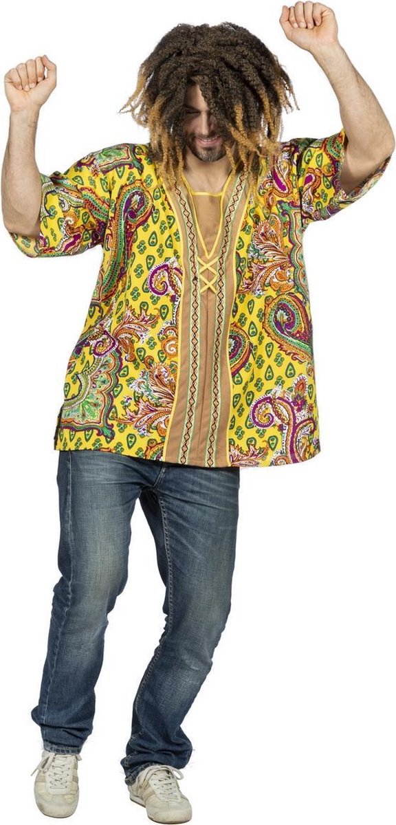 Wilbers - Hippie Kostuum - Woodstock Hippie Paisley Blouse Man - geel - Maat 48 - Carnavalskleding - Verkleedkleding