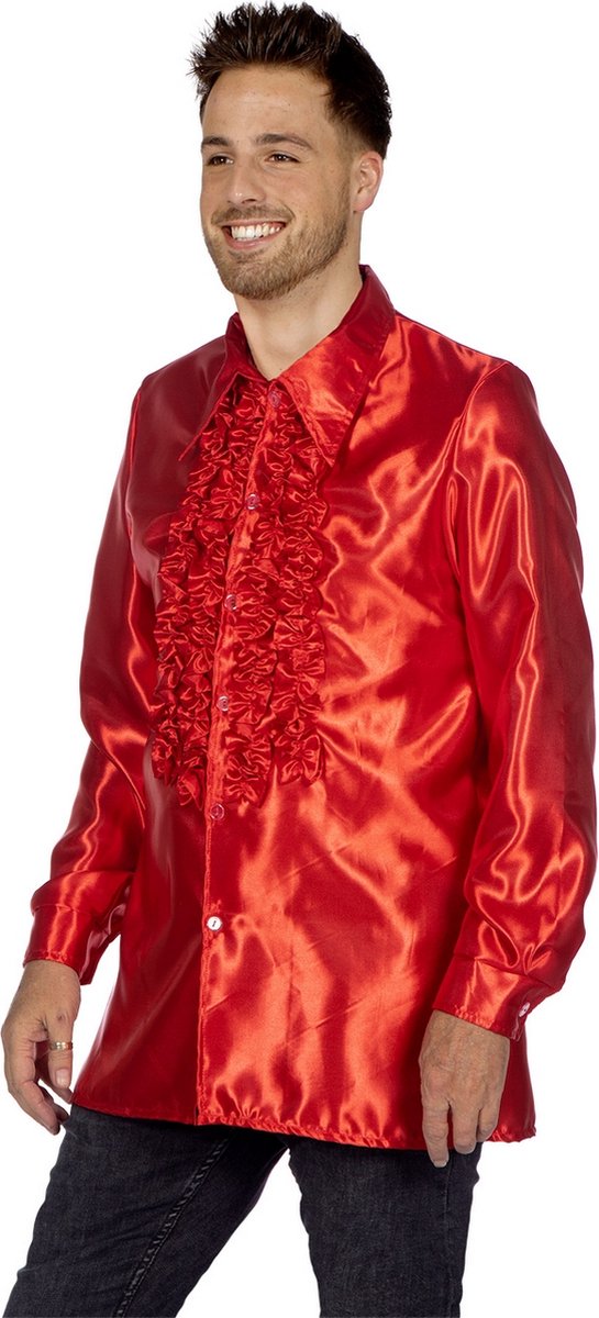 Wilbers - Jaren 80 & 90 Kostuum - Knallend Rode Foute Ruchesblouse Satijn Disco Party Man - rood - Maat 48 - Carnavalskleding - Verkleedkleding