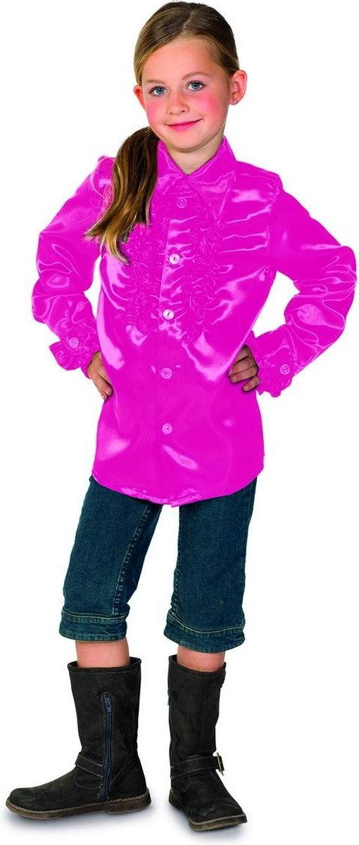 Wilbers - Jaren 80 & 90 Kostuum - Razend Roze Ruches Blouse Kind - roze - Maat 128 - Carnavalskleding - Verkleedkleding