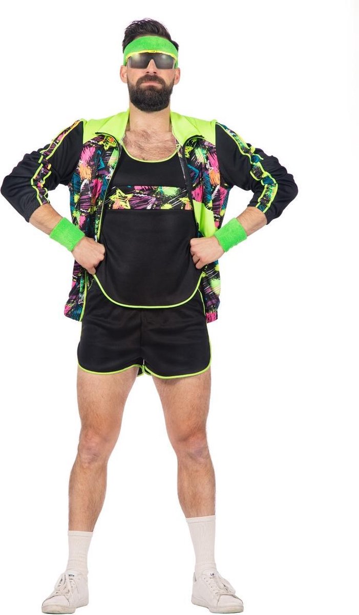 Wilbers - Jaren 80 & 90 Kostuum - Spetterend Aerobic Neon 80s Kostuum Man - groen,zwart - Small - Carnavalskleding - Verkleedkleding