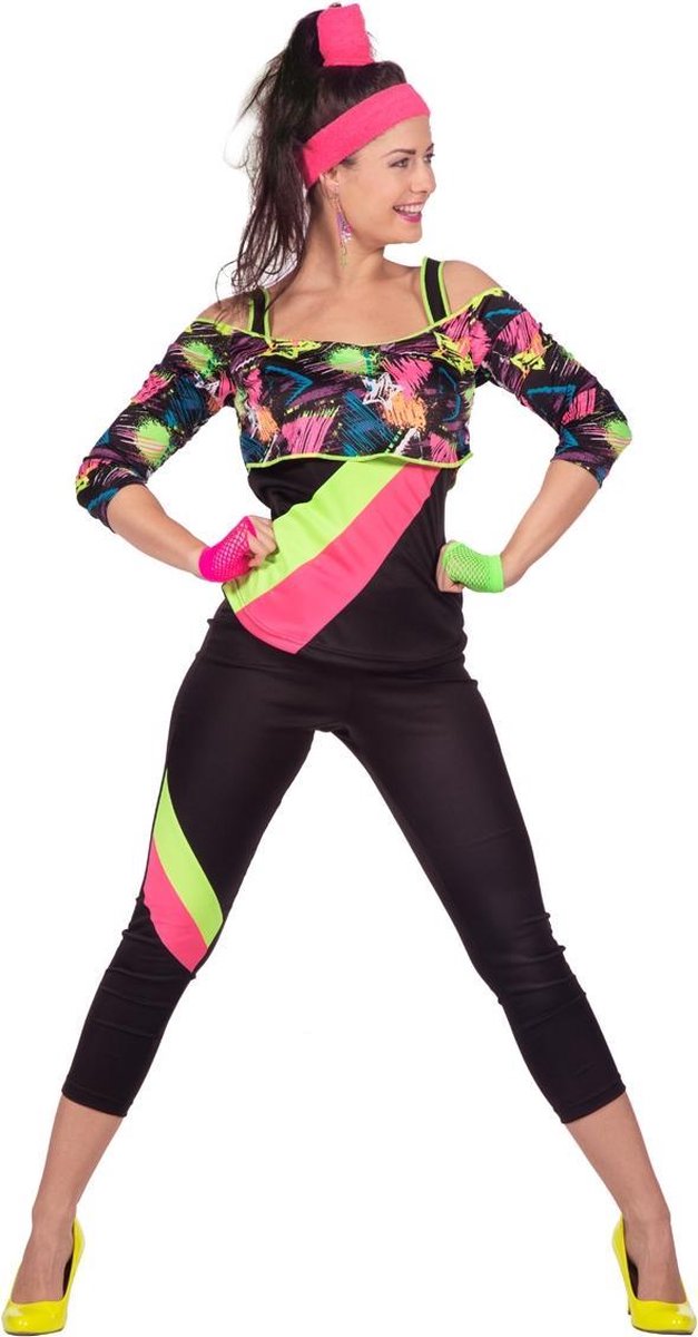 Wilbers - Jaren 80 & 90 Kostuum - Spetterend Aerobic Neon 80s Kostuum Vrouw - zwart - Maat 42 - Carnavalskleding - Verkleedkleding