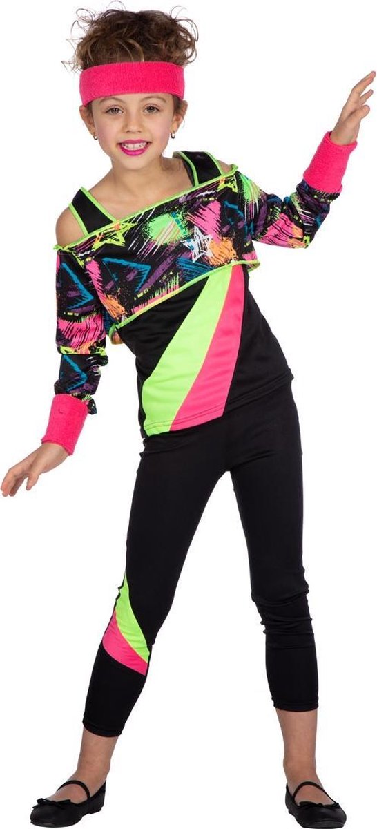 Wilbers - Jaren 80 & 90 Kostuum - Spetterend Neon 80s Aerobics - Meisje - zwart - Maat 116 - Carnavalskleding - Verkleedkleding