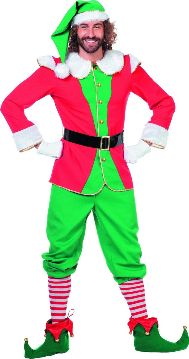 Wilbers - Kerst & Oud & Nieuw Kostuum - Engelse Elf Rood / Groen Met Muts - Man - rood,groen - Maat 56 - Kerst - Verkleedkleding