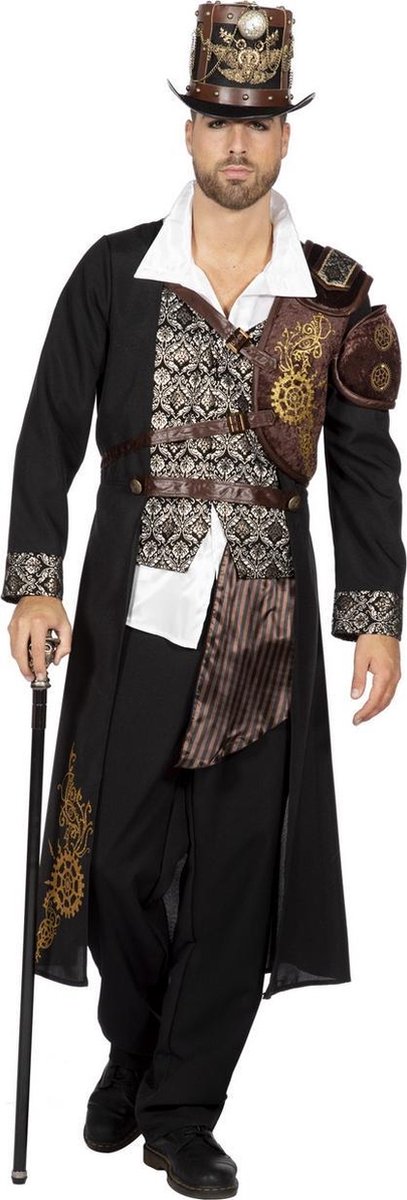 Wilbers - Steampunk Kostuum - Heertje Steampunk Jas Met Raderen Man - zwart - Maat 48-50 - Carnavalskleding - Verkleedkleding