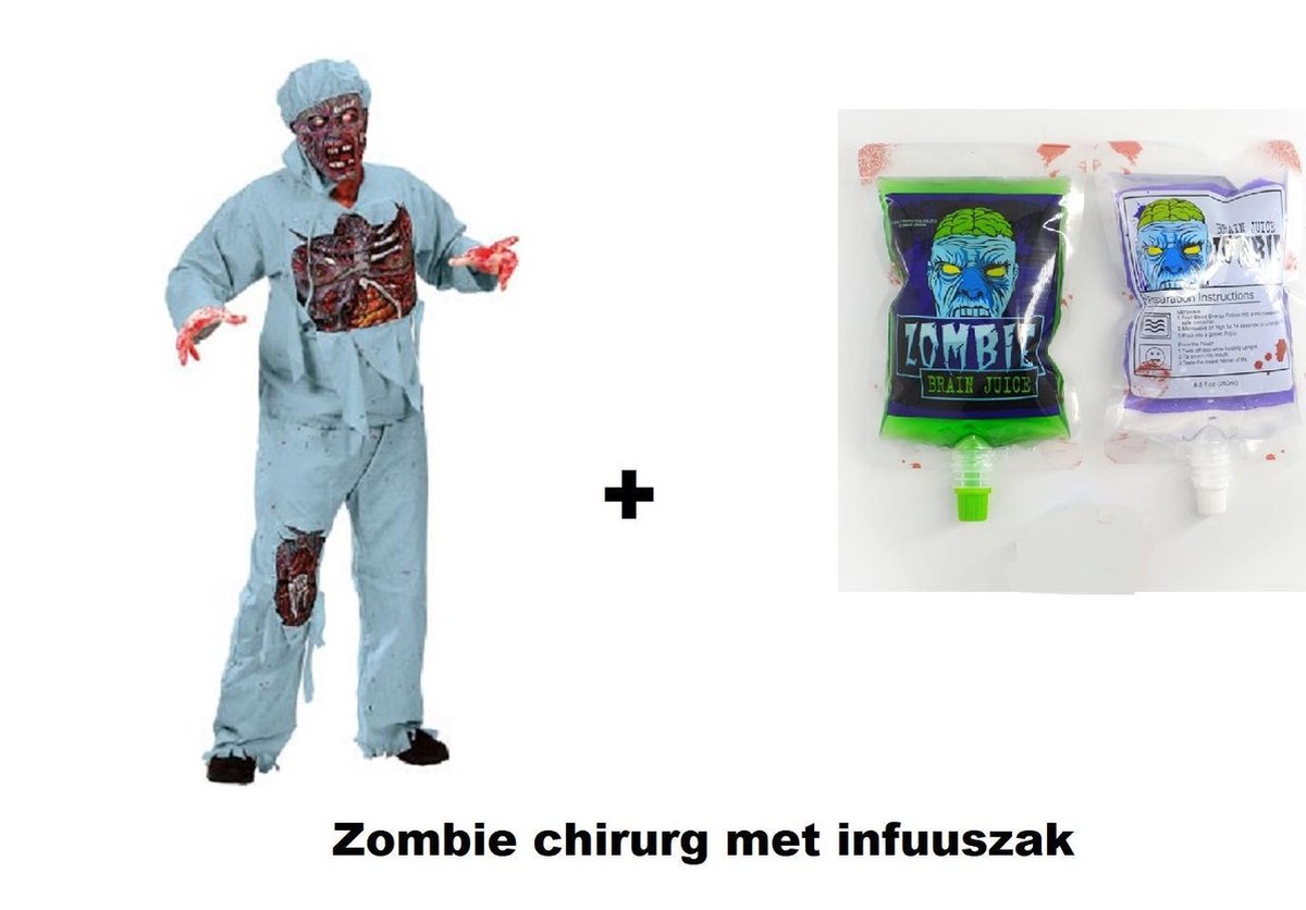 Zombie chirurg horror outfit aan infuus - Halloween horror zombie dokter scary met infuuszak themafeest