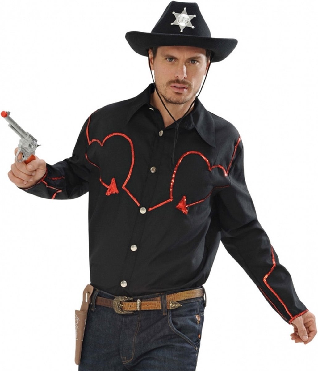 Zwart cowboy shirt met rode glitters Xl