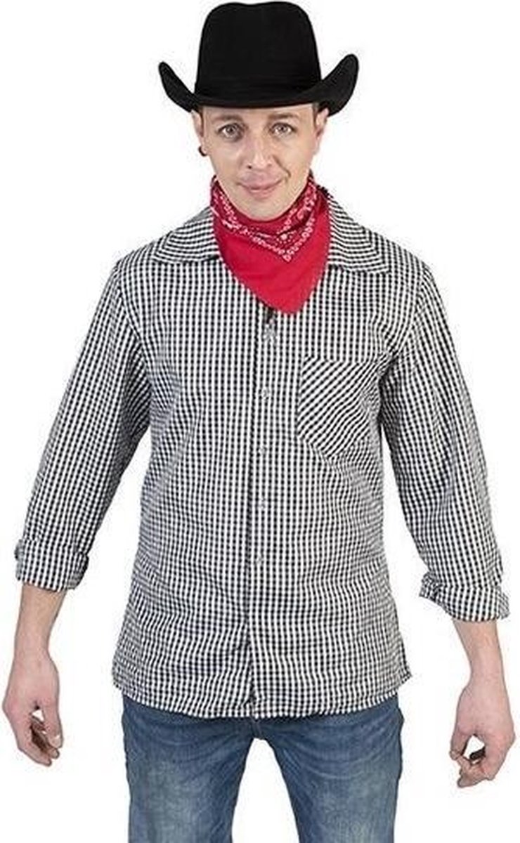 Zwart/wit geruit cowboy verkleed overhemd voor heren L/XL