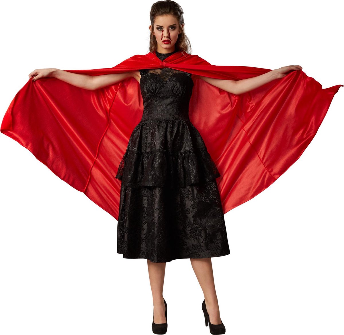 dressforfun - Fluwelen cape met kap 116 cm rood - verkleedkleding kostuum halloween verkleden feestkleding carnavalskleding carnaval feestkledij partykleding - 301864