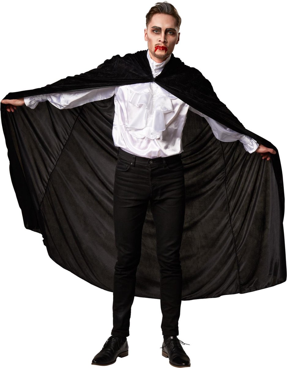 dressforfun - Fluwelen cape met kap 116 cm zwart - verkleedkleding kostuum halloween verkleden feestkleding carnavalskleding carnaval feestkledij partykleding - 301862