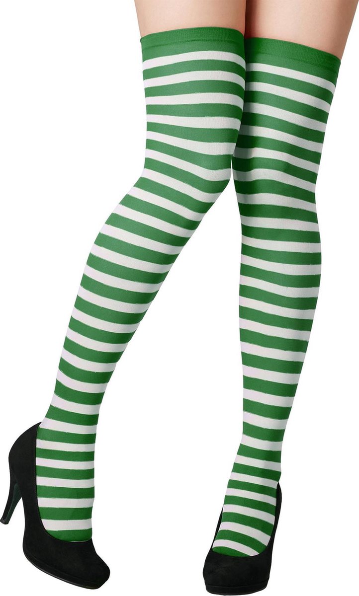 dressforfun - Gestreepte overknee-kousen groen-wit - verkleedkleding kostuum halloween verkleden feestkleding carnavalskleding carnaval feestkledij partykleding - 303445