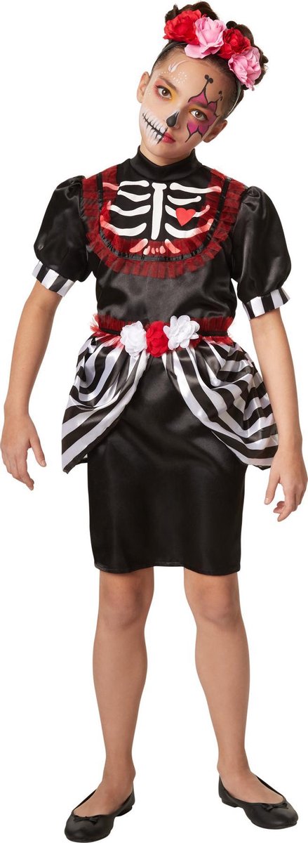 dressforfun - Griezelige skeletdame 116 (5-6y) - verkleedkleding kostuum halloween verkleden feestkleding carnavalskleding carnaval feestkledij partykleding - 301986