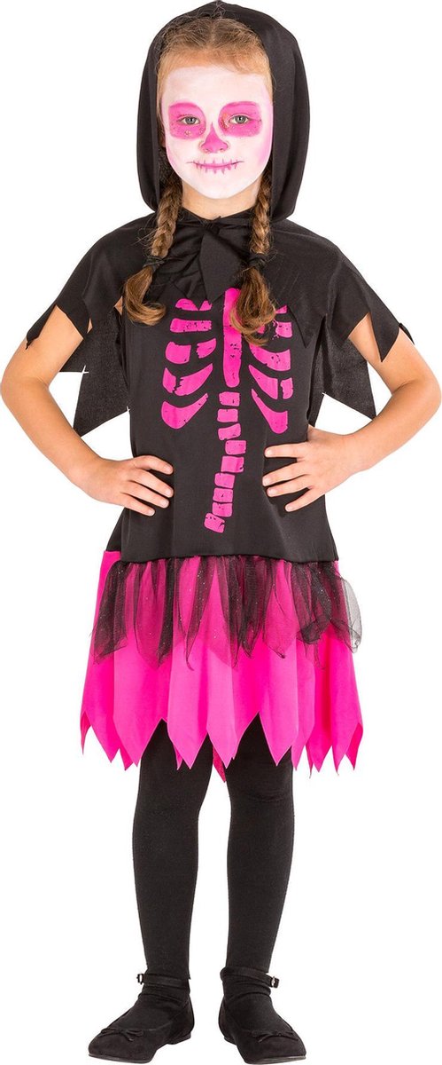 dressforfun - Skeletkleed met kap 116 (5-7y) - verkleedkleding kostuum halloween verkleden feestkleding carnavalskleding carnaval feestkledij partykleding - 300009