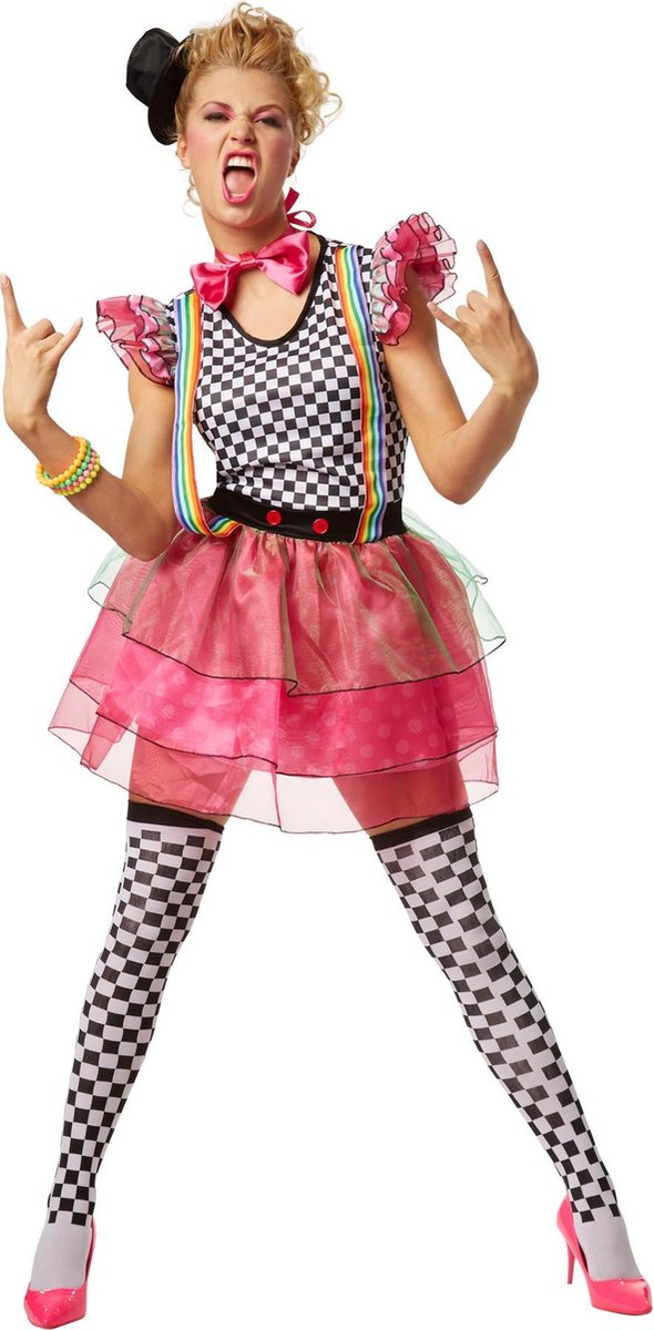 dressforfun - Vrouwenkostuum neon clown M - verkleedkleding kostuum halloween verkleden feestkleding carnavalskleding carnaval feestkledij partykleding - 301678