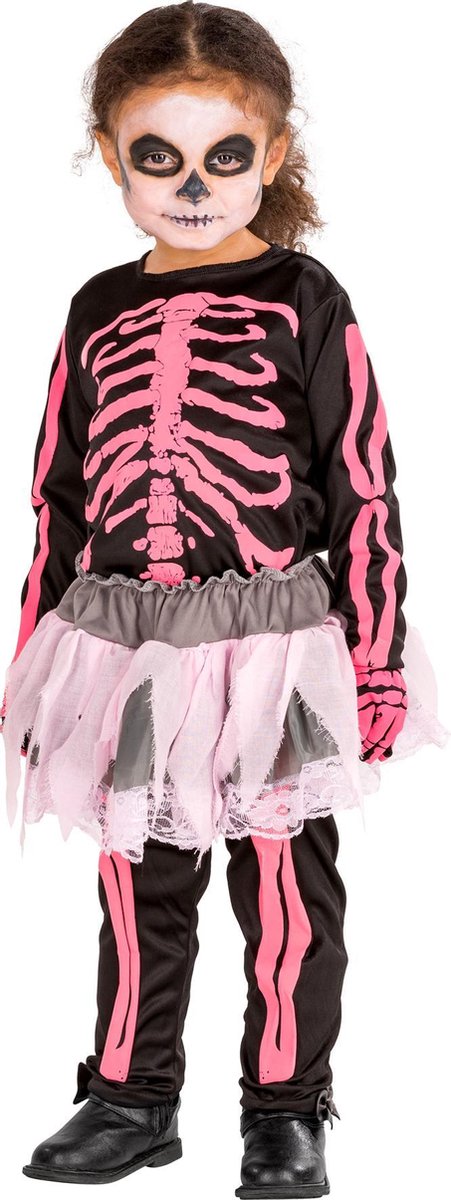 dressforfun - meisjeskostuum roze skelet 128 (8-10y) - verkleedkleding kostuum halloween verkleden feestkleding carnavalskleding carnaval feestkledij partykleding - 300102