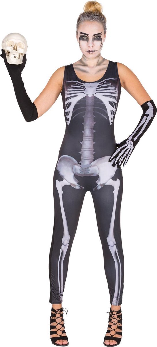 dressforfun - vrouwenkostuum sexy Skelett jumpsuit S - verkleedkleding kostuum halloween verkleden feestkleding carnavalskleding carnaval feestkledij partykleding - 300141