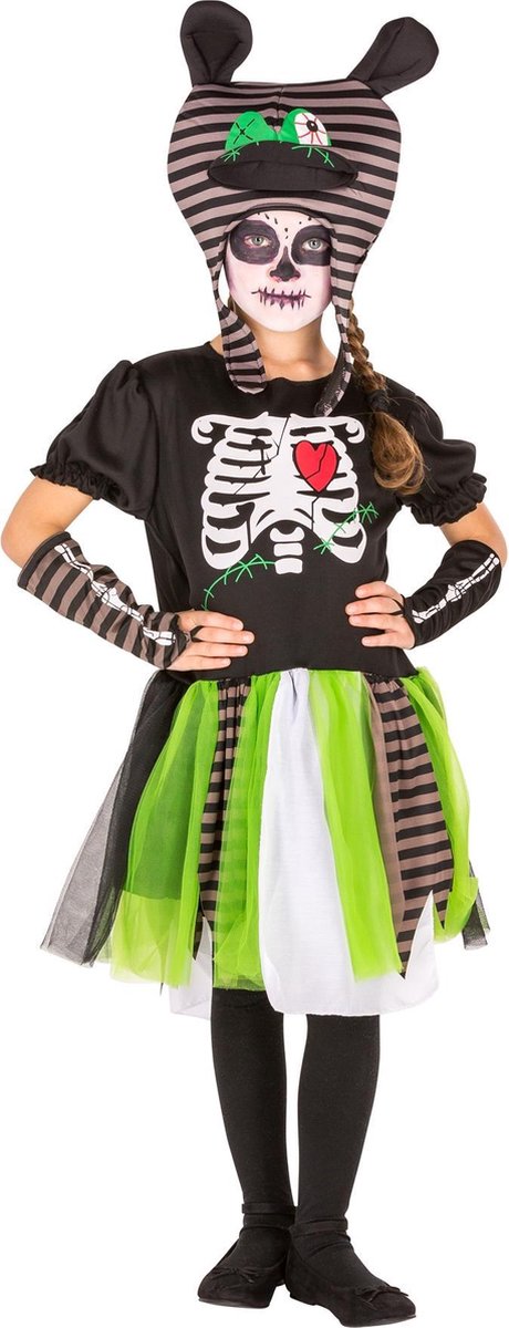 dressforfun - zombieskeletkostuum voor meisjes 140 (10-12y) - verkleedkleding kostuum halloween verkleden feestkleding carnavalskleding carnaval feestkledij partykleding - 300007