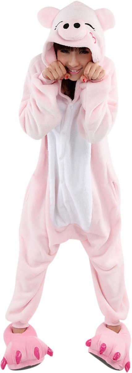 Biggetje Varken Onesie Pak Kostuum Outfit Huispak Jumpsuit Verkleedpak - Verkleedkleding - Halloween & Carnaval - SnugSquad - Kinderen & Volwassenen - Unisex - Maat XXS voor Lichaamslengte (125 - 137 cm)