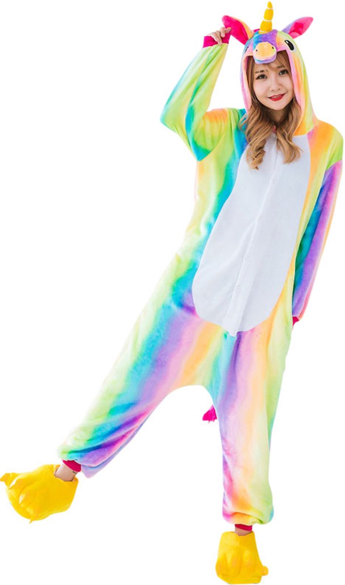 Eenhoorn Regenboog Onesie Pak Kostuum Outfit Huispak Jumpsuit Verkleedpak - Verkleedkleding - Halloween & Carnaval - SnugSquad - Kinderen & Volwassenen - Unisex - Maat XS voor Lichaamslengte (138 - 145 cm)