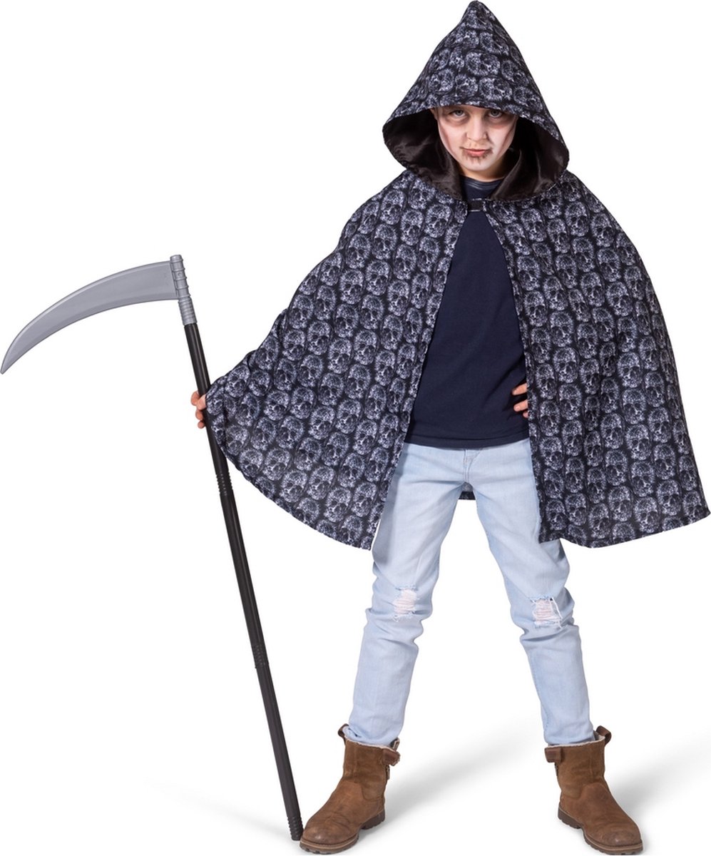 Funny Fashion - Beul & Magere Hein Kostuum - Grijze Doodskoppen Halloween Cape Kind - grijs - One Size - Halloween - Verkleedkleding