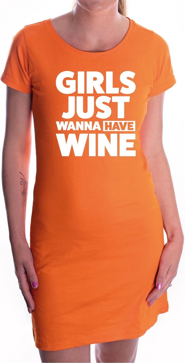 Girls Just Wanna Have Wine tekst jurkje oranje dames - oranje kleding - Koningsdag / oranje supporter S