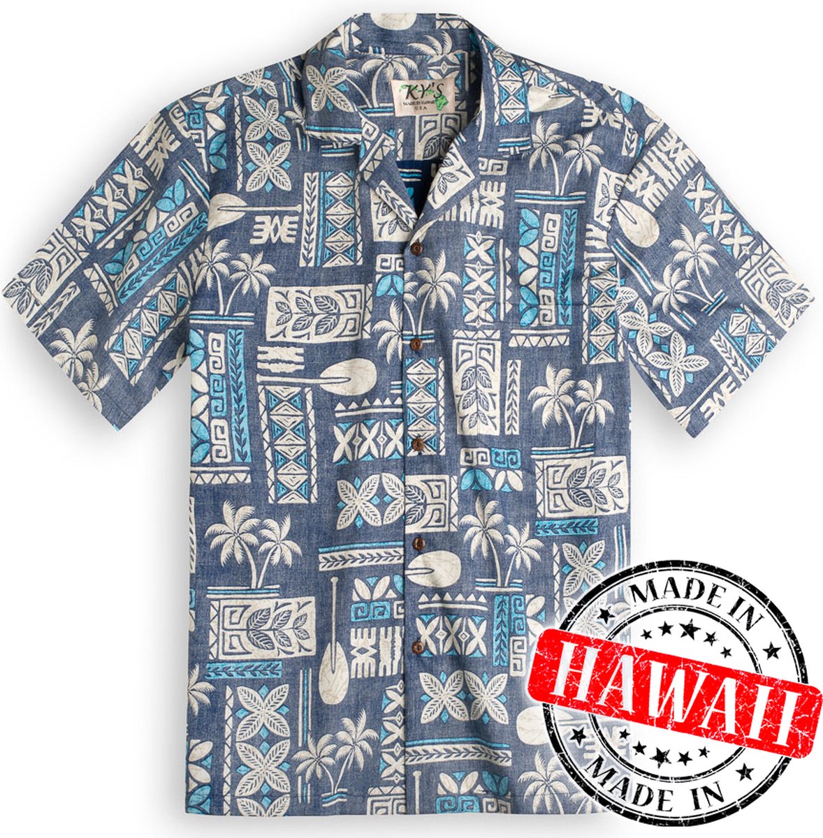 Hawaii Blouse - Shirt - Hemd "Tapa Blauw" - 100% Katoen - Aloha Shirt - Heren - Made in Hawaii Maat S