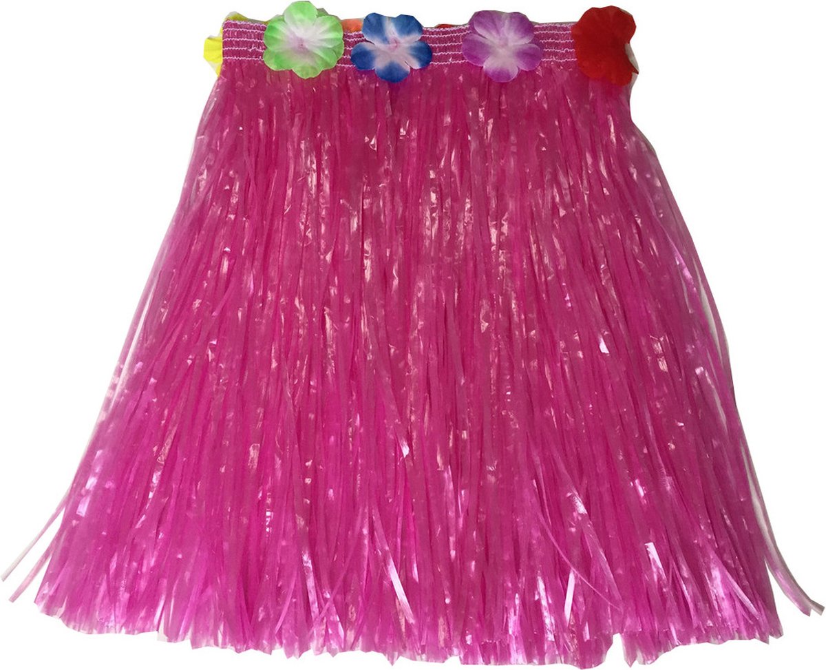 Hawaii thema verkleed rokje - raffia - roze - 40 cm - volwassenen