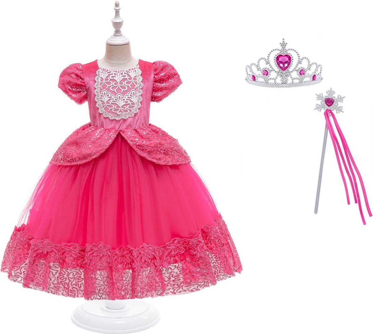 Het Betere Merk - Assepoester - Prinsessenjurk - Cinderella - Roze - Verkleedjurk - maat 110/116 (120) + Accessoires