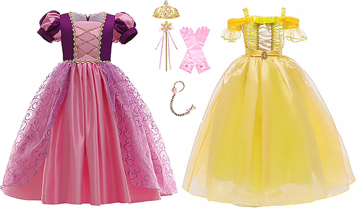 Het Betere Merk - Rapunzel Deluxe prinsessenjurk meisje - Belle jurk - maat 122/128(130)verkleedkleren meisje - Rapunzel haarband - Toverstaf - Kroon - Tiara - Roze - Geel - prinsessenkleed