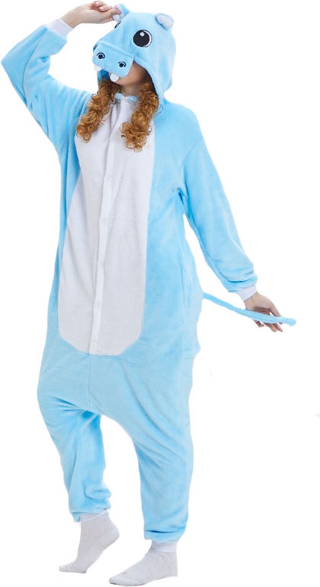 Nijlpaard Blauw Onesie Pak Kostuum Outfit Huispak Jumpsuit Verkleedpak - Verkleedkleding - Halloween & Carnaval - SnugSquad - Kinderen & Volwassenen - Unisex - Maat L voor Lichaamslengte (168 - 175 cm)