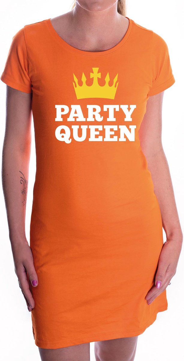 Oranje fun tekst jurkje - Party Queen - oranje kleding voor dames - Koningsdag jurk M