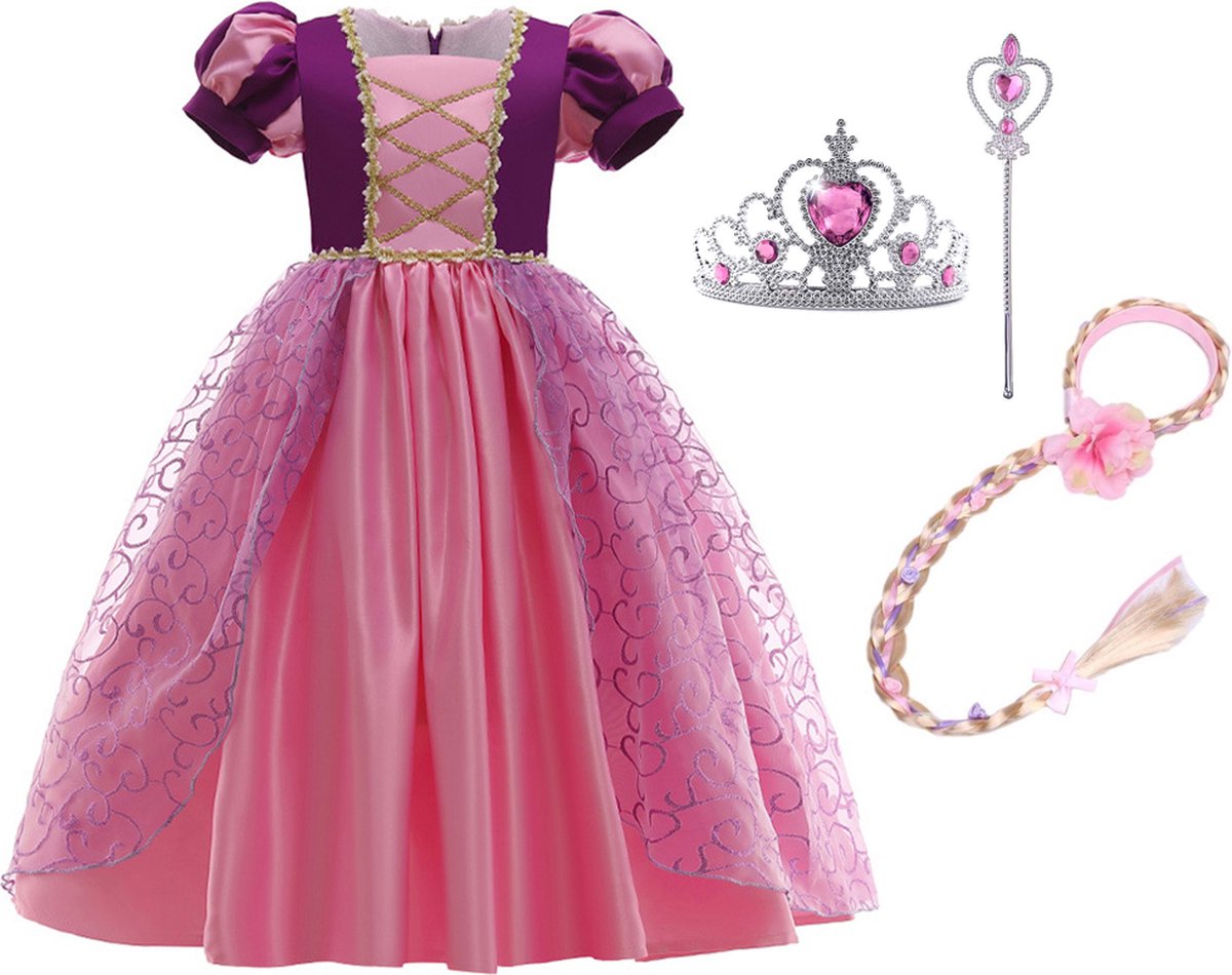 Prinsessen verkleedkleren / Rapunzel Jurk - Prinsessenjurk Meisje - 104-110 - Verkleedkleren Meisje -Kroon - Toverstaf - Speelgoed - Paars - Roze - Verkleedkleding