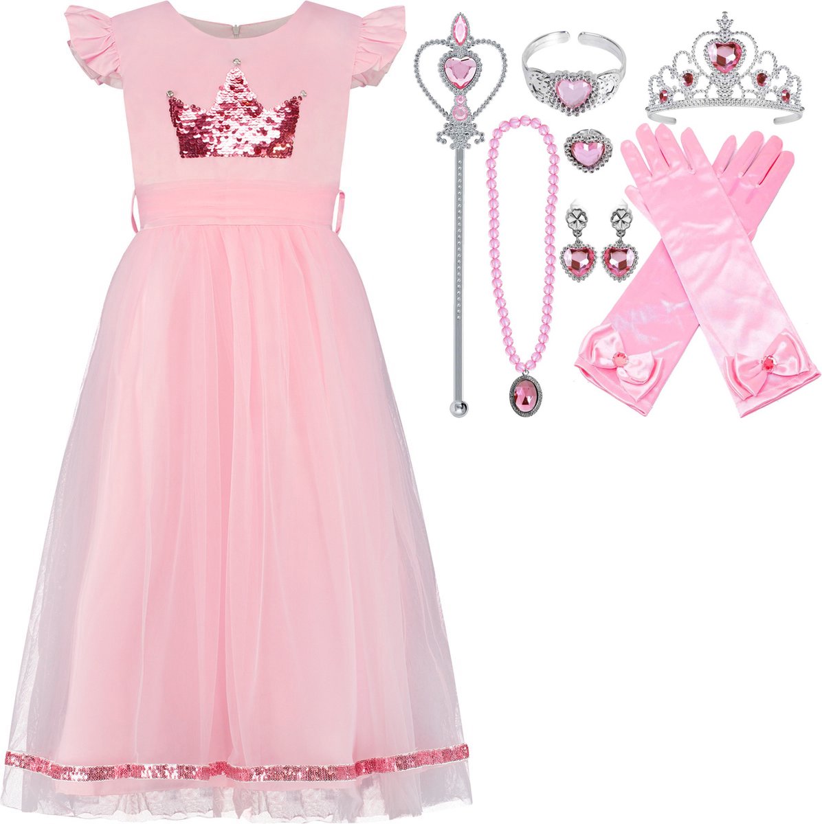 Prinsessenjurk Meisje - Verkleedjurk Meisje - Roze Jurk - maat 104/110 - met pailletten kroon - Inclusief accessoires - Feestjurk - Communiejurk