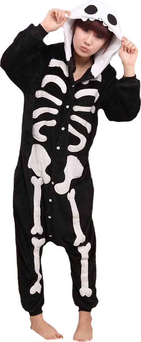 Skelet Onesie Pak Kostuum Outfit Huispak Jumpsuit Verkleedpak - Verkleedkleding - Halloween & Carnaval - SnugSquad - Kinderen & Volwassenen - Unisex - Maat XL voor Lichaamslengte (175 - 195 cm)