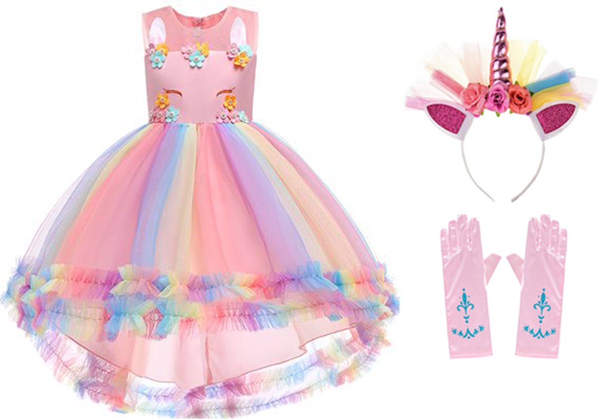 Unicorn jurk - Eenhoorn jurk - Prinsessenjurk meisje - maat 98 (100) Unicorn Haarband - Roze Jurk - Verkleedkleding Meisje