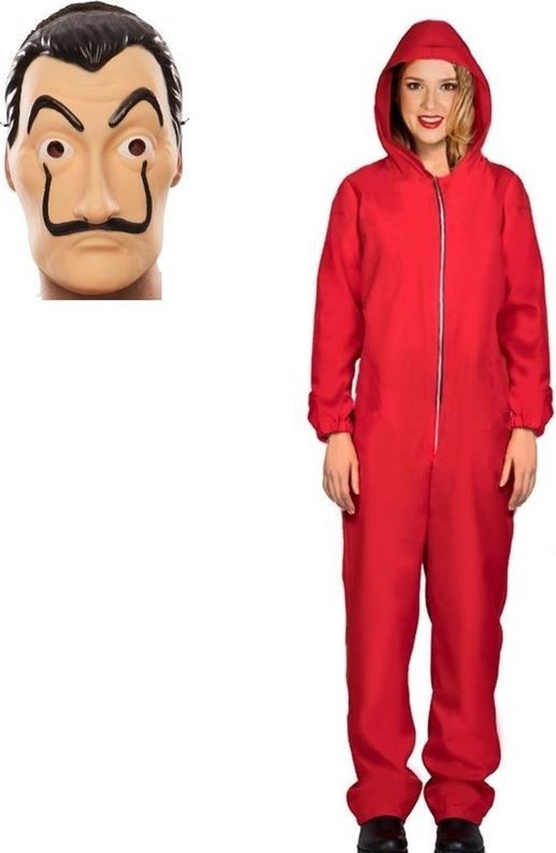 Verkleed set overall rood voor dames maat M - masker La casa de Papel