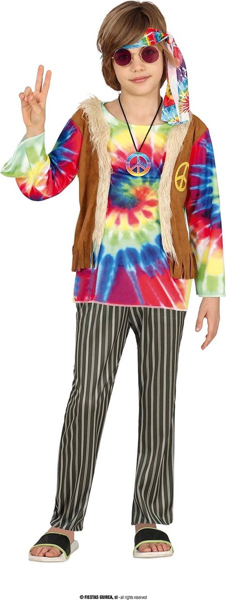 Guirca - Hippie Kostuum - Vrede Op Aarde Hippie - Jongen - bruin,multicolor - 10 - 12 jaar - Carnavalskleding - Verkleedkleding