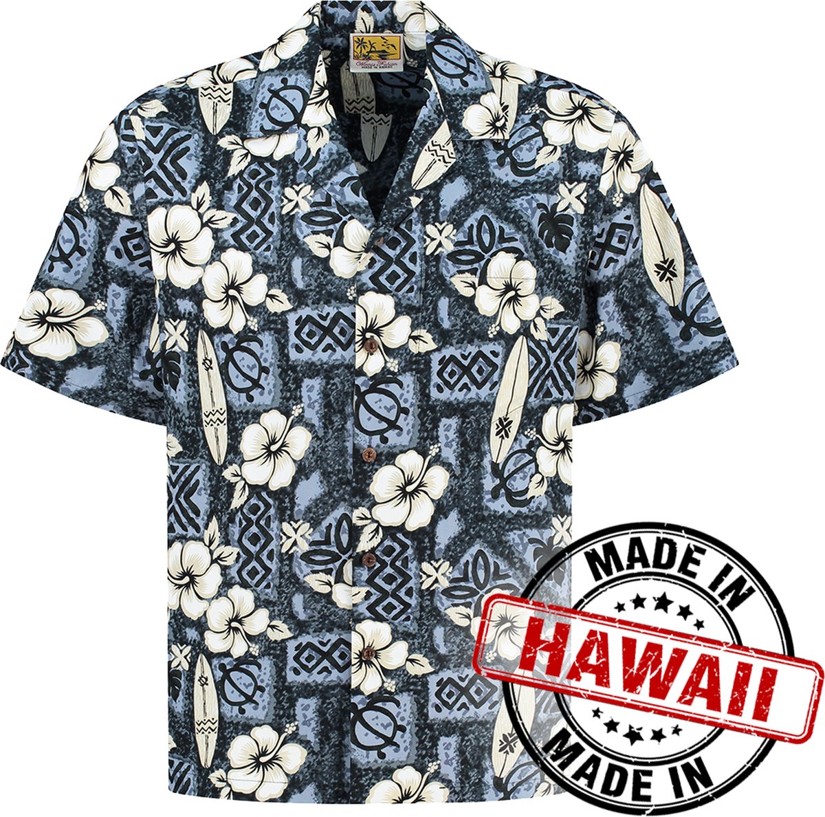 Hawaii Blouse - Shirt - Hemd "Hibiscus Surfboards" - 100% Katoen - Aloha Shirt - Heren - Made in Hawaii Maat L