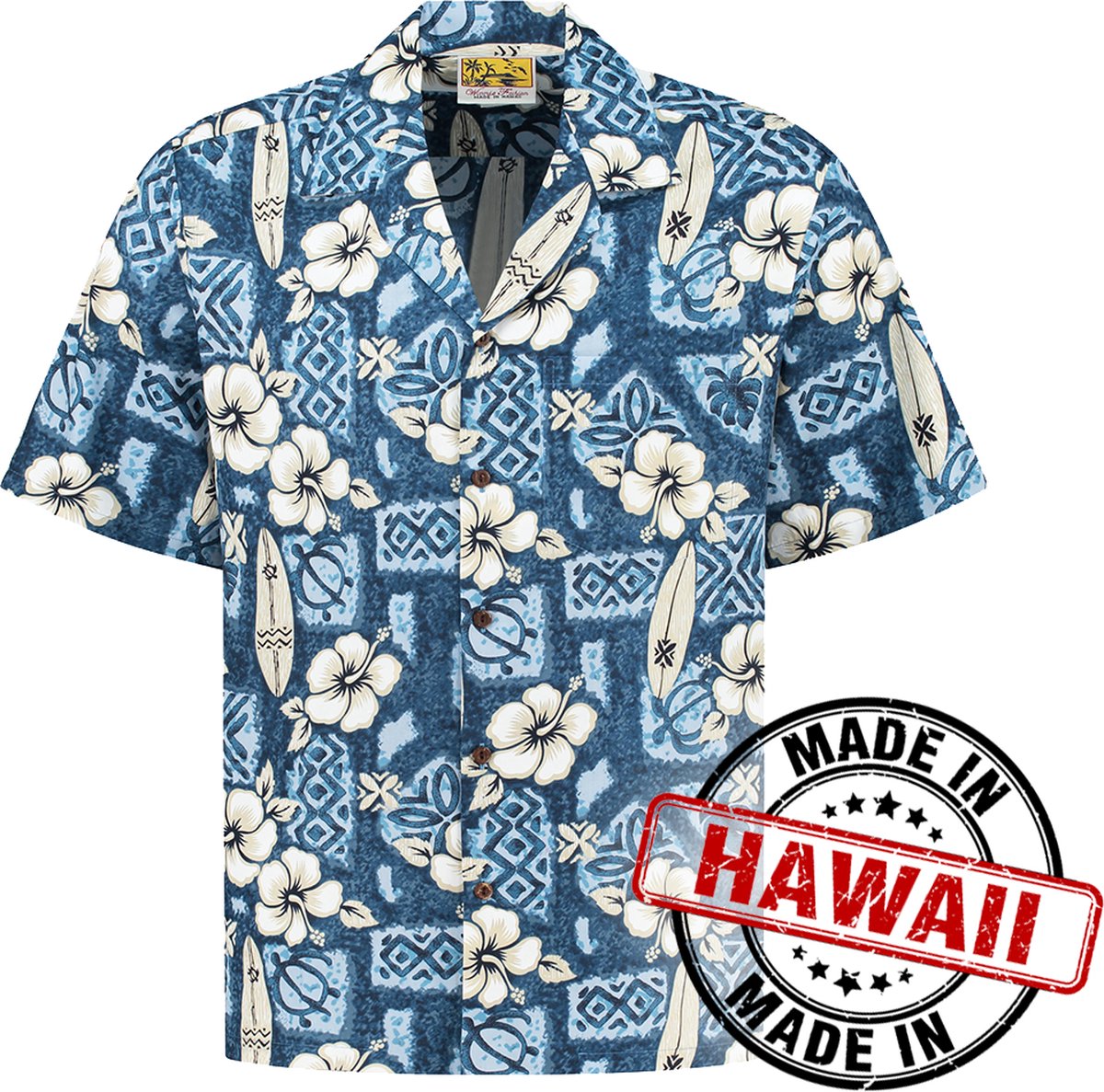 Hawaii Blouse - Shirt - Hemd "Hibiscus Surfboards Blauw" - 100% Katoen - Aloha Shirt - Heren - Made in Hawaii Maat M