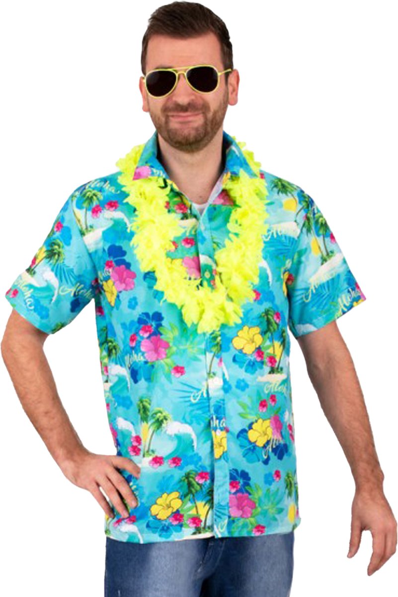 Hawaii shirt/blouse - Verkleedkleding - Heren - Tropische bloemen - blauw 56