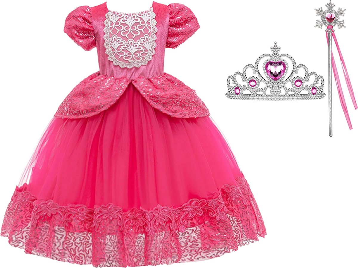 Het Betere Merk - Assepoester - Prinsessenjurk - Cinderella - Roze - Verkleedjurk - maat 104/110 (110) + Accessoires