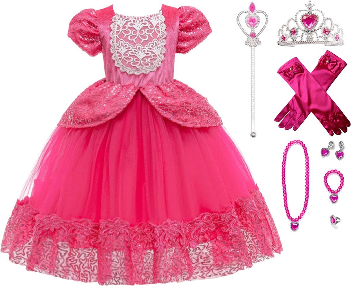 Het Betere Merk - Assepoester - Prinsessenjurk - Cinderella - Roze - Verkleedjurk meisje- maat 134/140(140) + Kroon - Toverstaf - Juwelen - Handschoenen - Speelgoed meisje