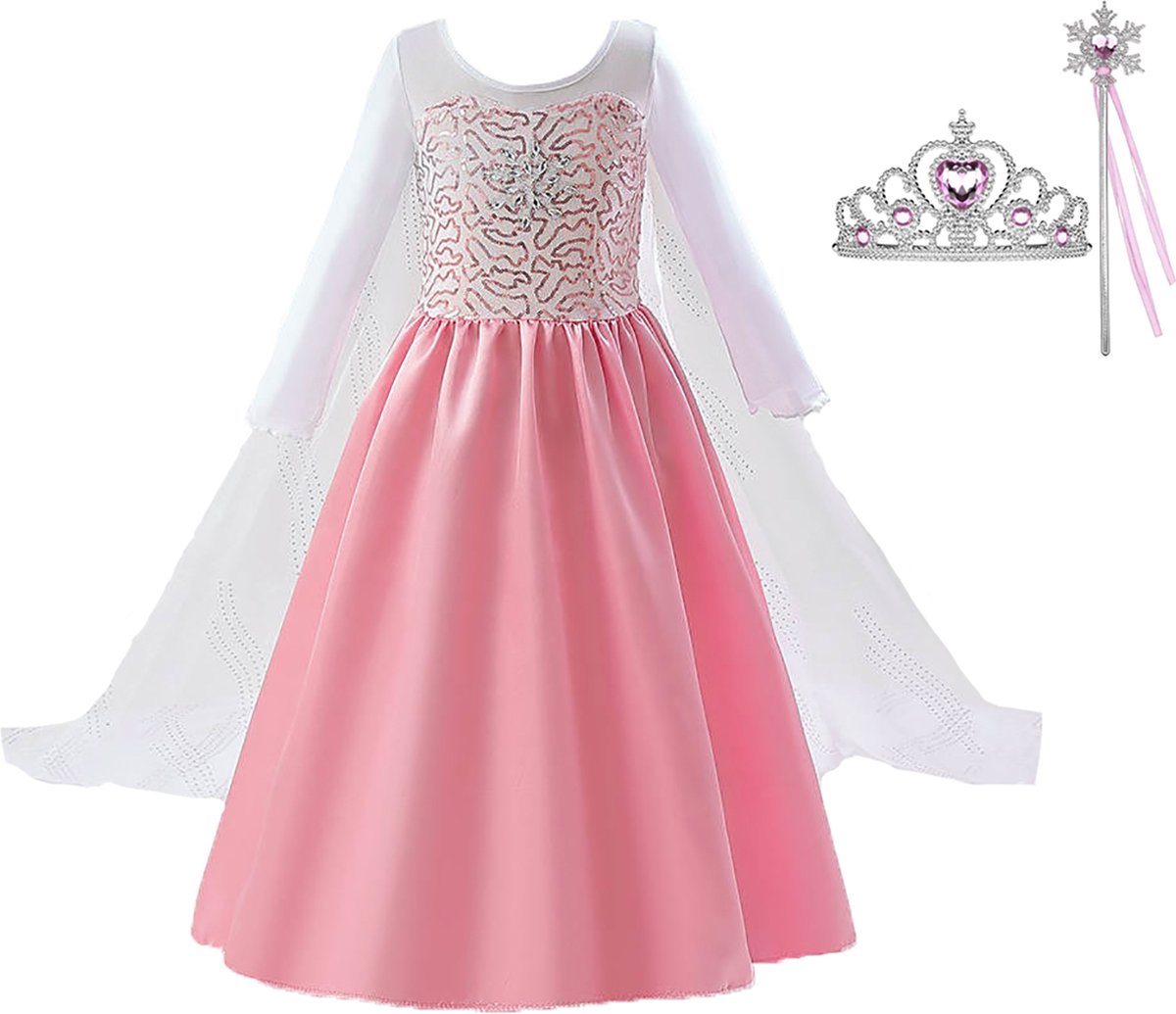 Het Betere Merk - Prinsessenjurk meisje - Roze - maat 116/122 (130) - carnavalskleding - cadeau meisje - verkleedkleren - kleed - verkleedkleding meisje met kroon - toverstaf