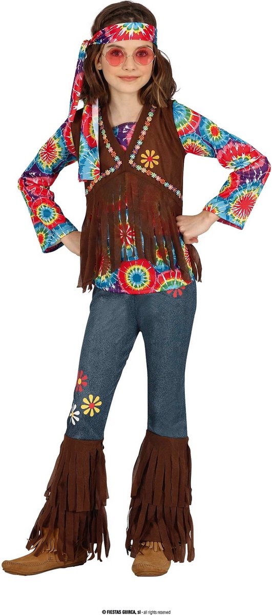 Guirca - Hippie Kostuum - Easy Peasy Hippie - Meisje - bruin,multicolor - 5 - 6 jaar - Carnavalskleding - Verkleedkleding